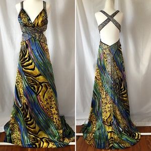 La Femme Silk Animal Print Beaded Sequin Gown